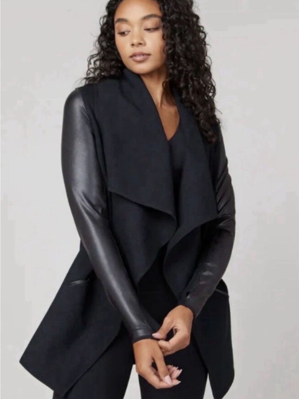 SPANX - Draped Open-Front Black Jacket with Faux Leather Sleeves